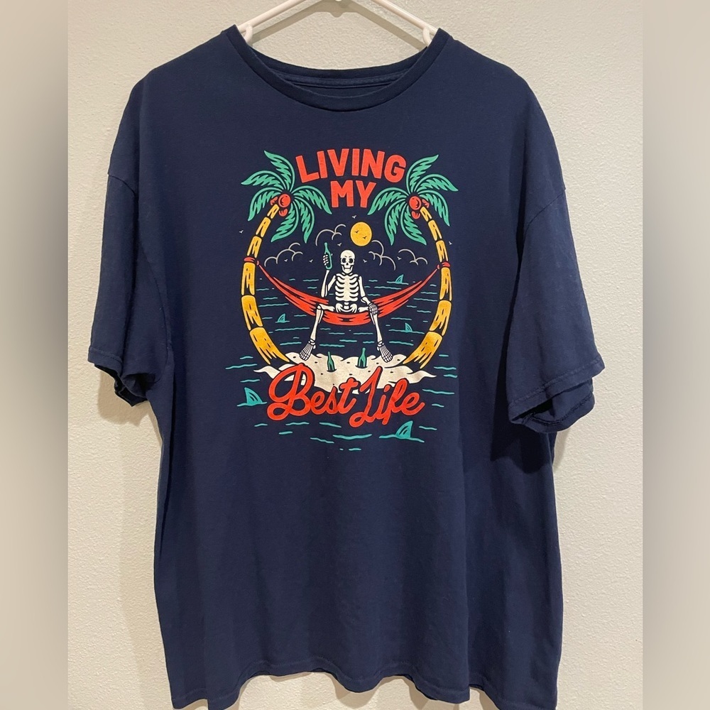 Men’s “Living my Best Life” DOM Navy tee shirt.  Size 2X